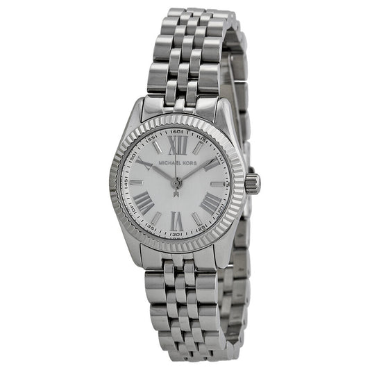 Michael Kors Lexington Mini silver women's watch with white dial and crystal bezel, stainless steel bracelet