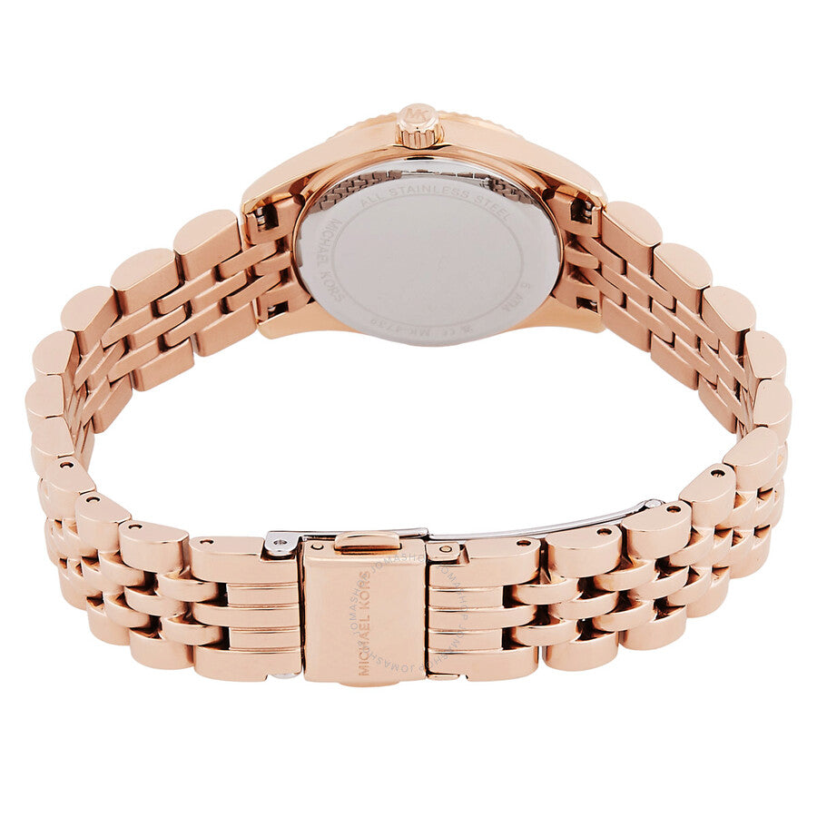Back view of Michael Kors Lexington rose gold watch showing caseback and bracelet