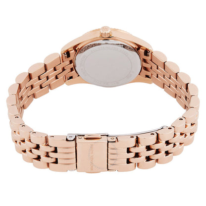 Back view of Michael Kors Lexington rose gold watch showing caseback and bracelet
