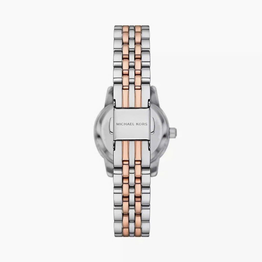 Back view of Michael Kors Lexington watch showing caseback with Michael Kors branding and two-tone steel strap