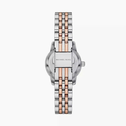 Back view of Michael Kors Lexington watch showing caseback with Michael Kors branding and two-tone steel strap