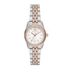 Michael Kors Lexington women's watch with white dial, rose gold bezel, two-tone steel strap, and crystal indices