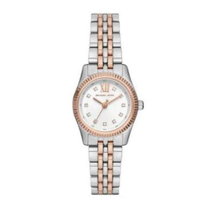 Michael Kors Lexington women's watch with white dial, rose gold bezel, two-tone steel strap, and crystal indices
