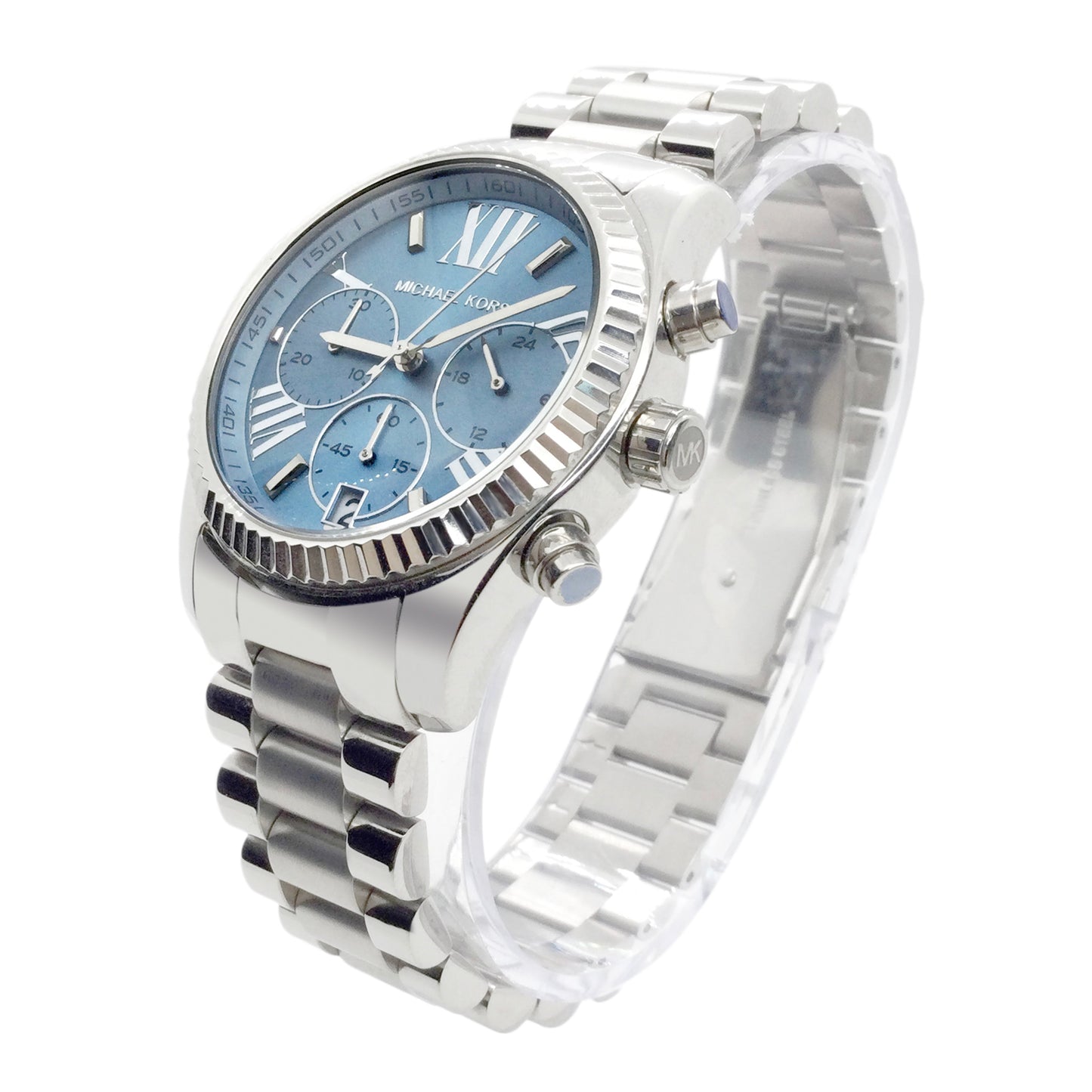 Michael Kors Lexington watch shown at angle with blue dial and silver stainless steel bracelet