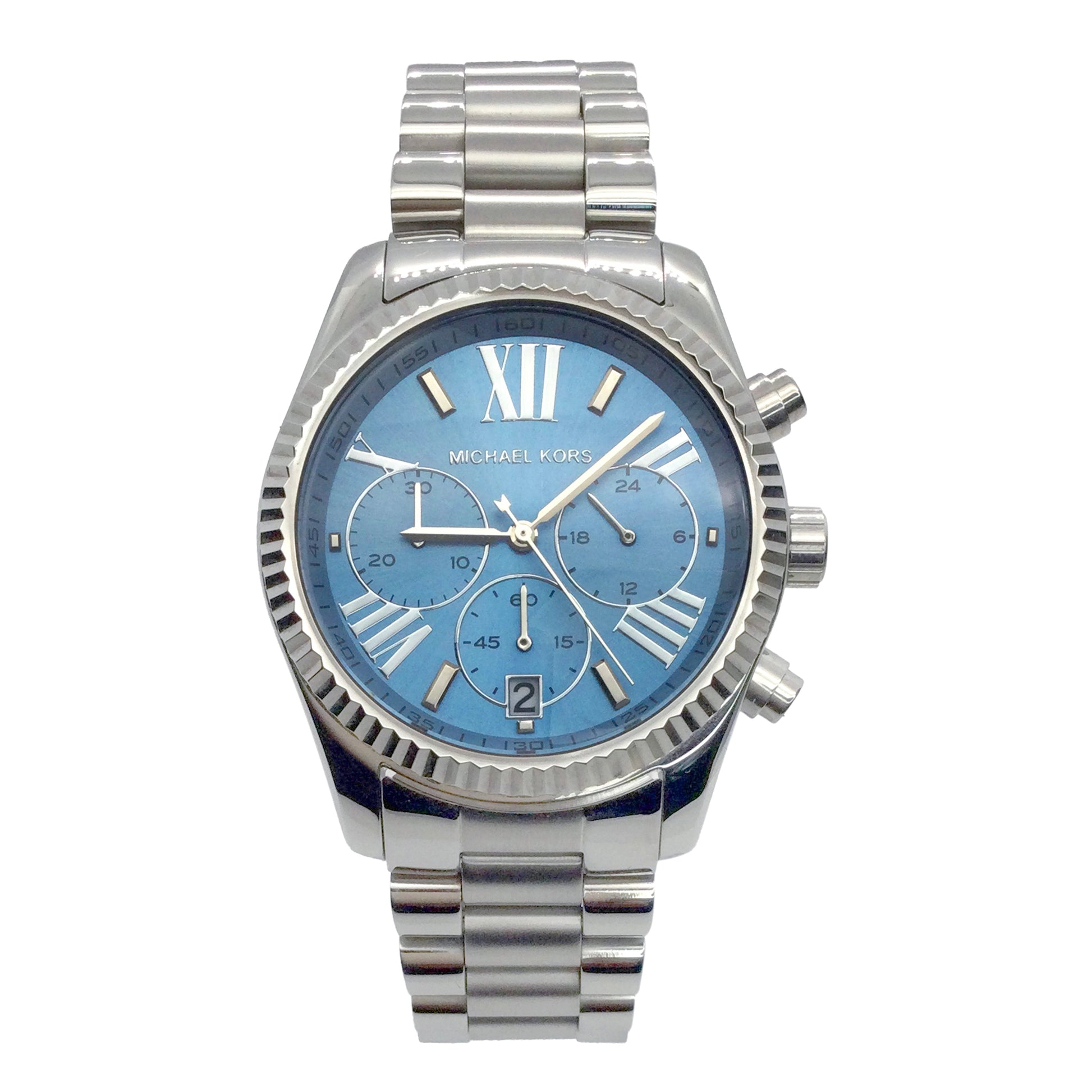 Michael Kors Lexington blue dial chronograph watch with silver-tone bracelet and Roman numerals