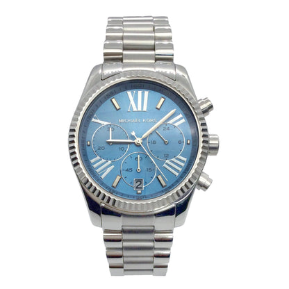Michael Kors Lexington blue dial chronograph watch with silver-tone bracelet and Roman numerals
