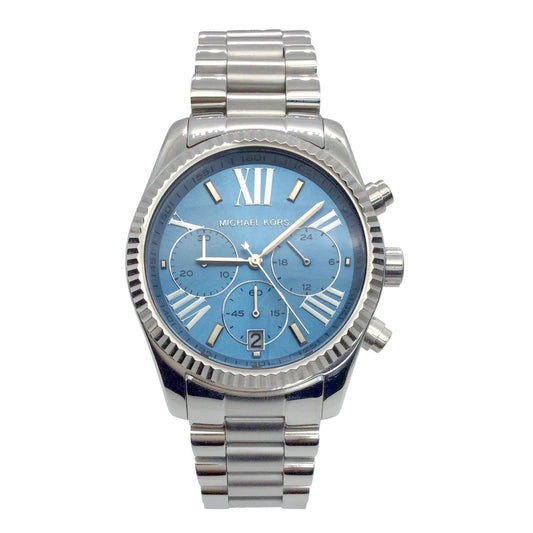Michael Kors Lexington blue dial chronograph watch with silver-tone bracelet and Roman numerals