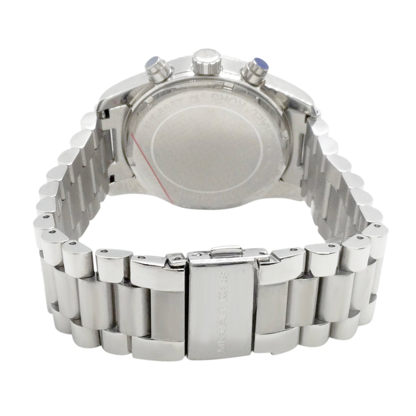 Michael Kors Lexington watch caseback showing silver-tone stainless steel with bracelet