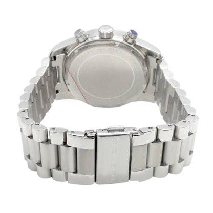 Michael Kors Lexington watch caseback showing silver-tone stainless steel with bracelet