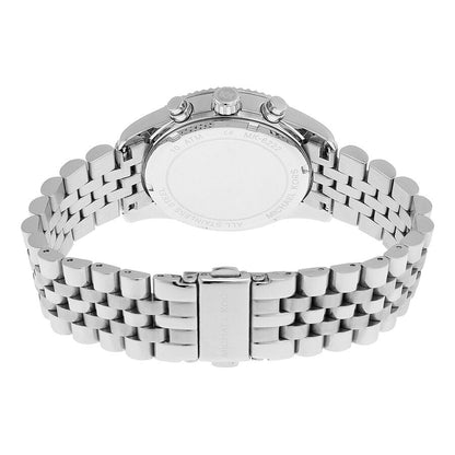 Michael Kors Lexington chronograph watch case back and three-link stainless steel bracelet with deployment clasp