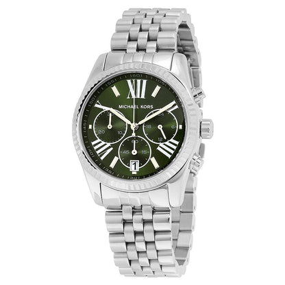 Michael Kors Lexington chronograph green dial watch with silver stainless steel bracelet and Roman numeral markers