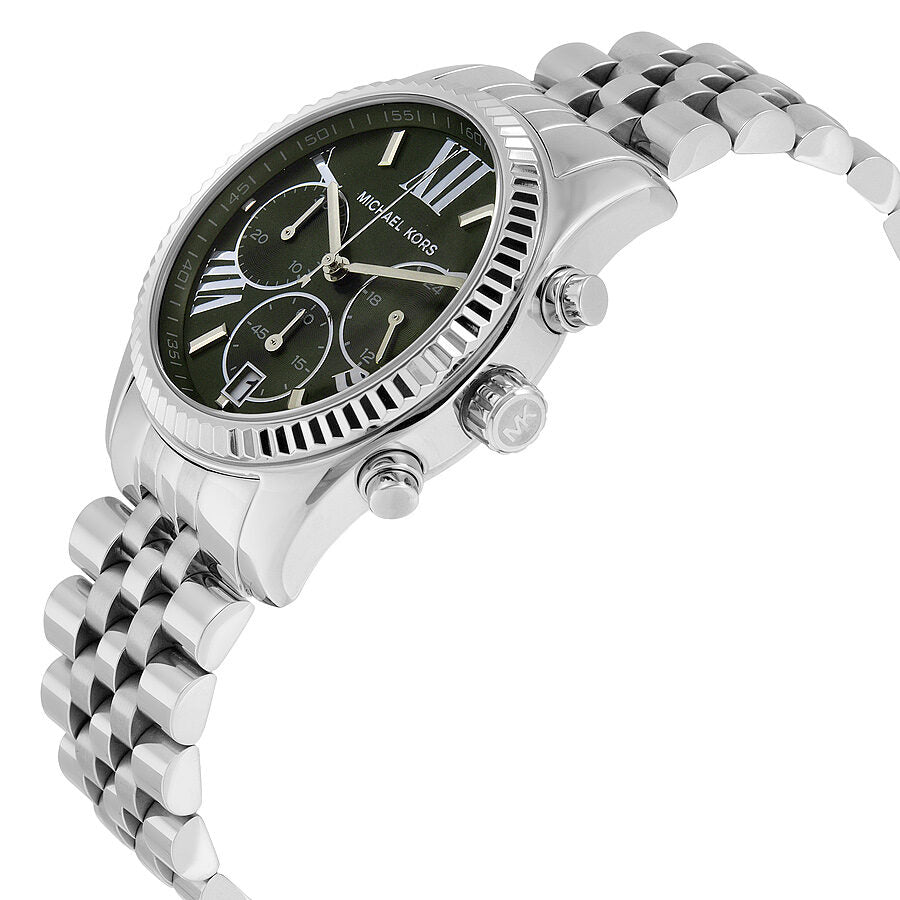 Michael Kors Lexington chronograph green dial watch angled view showing stainless steel case and bracelet profile