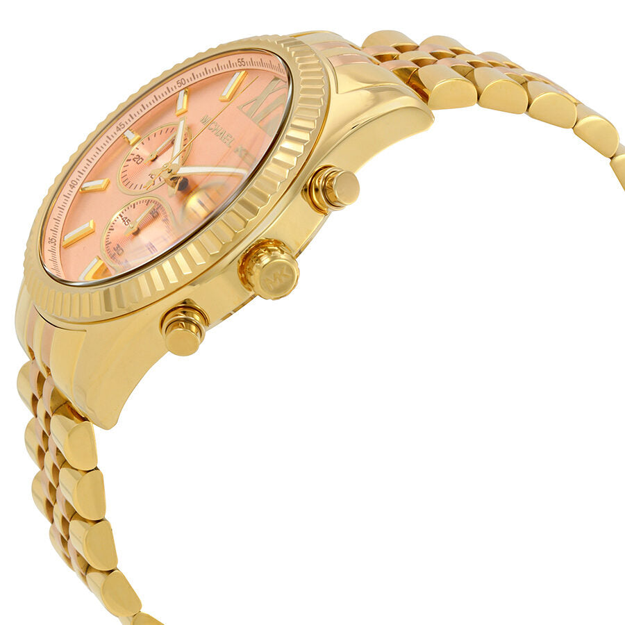 Michael Kors Lexington chronograph watch showing side profile with two-tone bracelet and rose gold dial