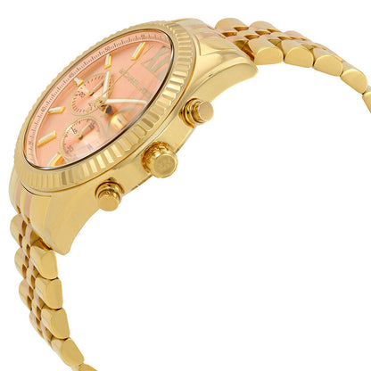 Michael Kors Lexington chronograph watch showing side profile with two-tone bracelet and rose gold dial
