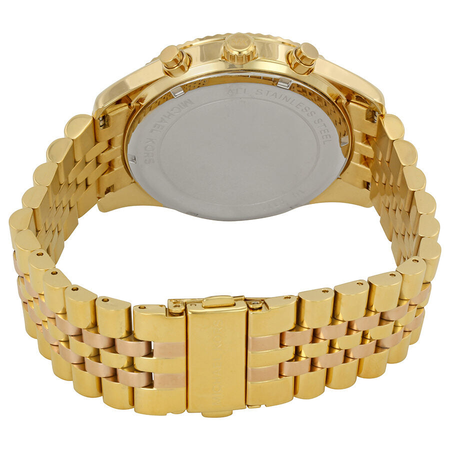 Michael Kors Lexington women's watch caseback showing stainless steel case and two-tone bracelet