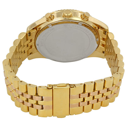 Michael Kors Lexington women's watch caseback showing stainless steel case and two-tone bracelet