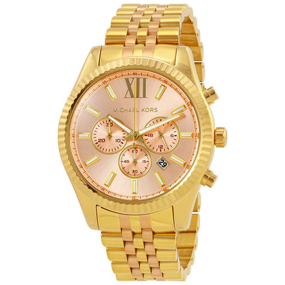 Michael Kors Lexington two-tone chronograph women's watch with rose gold dial and gold bracelet