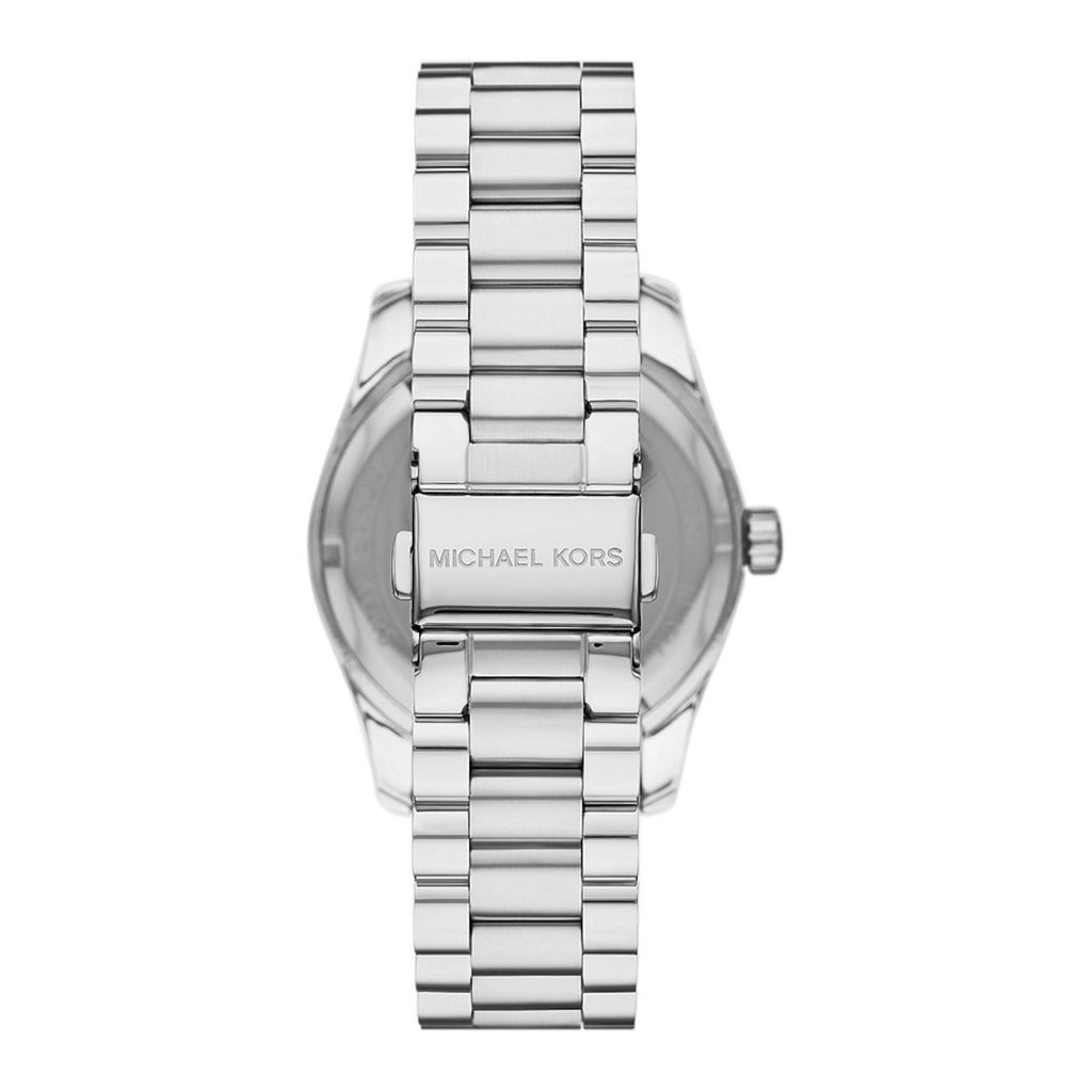 Back of Michael Kors Lexington watch with MK logo on silver-tone case