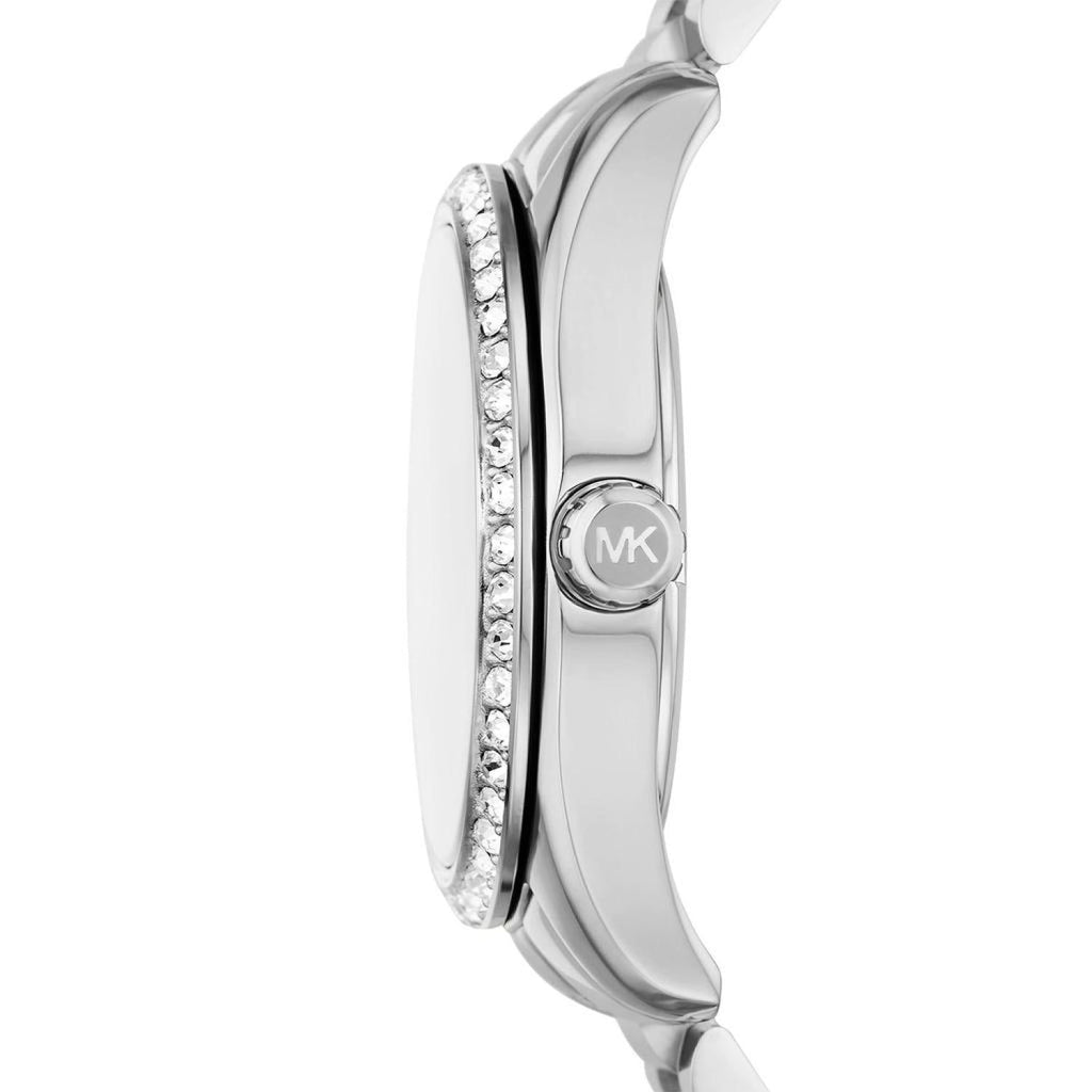 Side profile of Michael Kors Lexington watch showing pavé crystal bezel and case depth