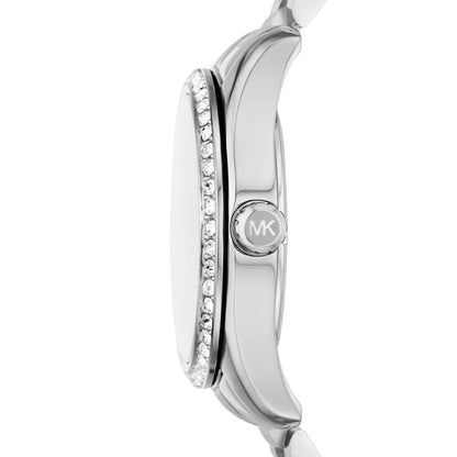 Side profile of Michael Kors Lexington watch showing pavé crystal bezel and case depth