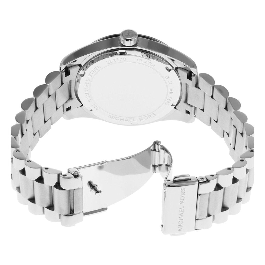 Silver-tone bracelet strap of Michael Kors Lexington watch with fold-over clasp