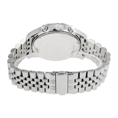 Back view of Michael Kors Lexington watch showing caseback and metal bracelet