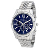 Michael Kors Lexington chronograph watch with navy dial, silver-tone case, and metal bracelet
