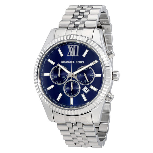 Michael Kors Lexington chronograph watch with navy dial, silver-tone case, and metal bracelet