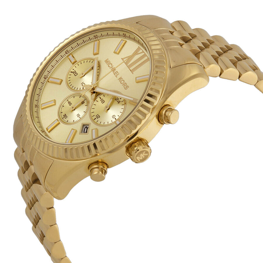 Side angle view of Michael Kors Lexington chronograph with gold bracelet and case