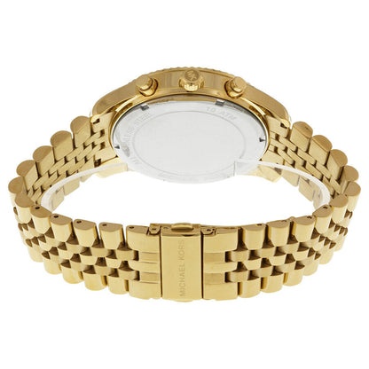 Michael Kors Lexington watch caseback showing gold-tone bracelet and deployment clasp