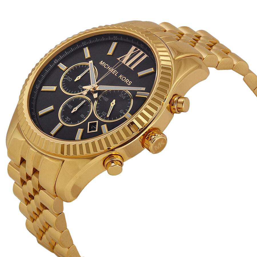 Michael Kors Lexington chronograph watch angled view showing gold bracelet and subdials on black dial