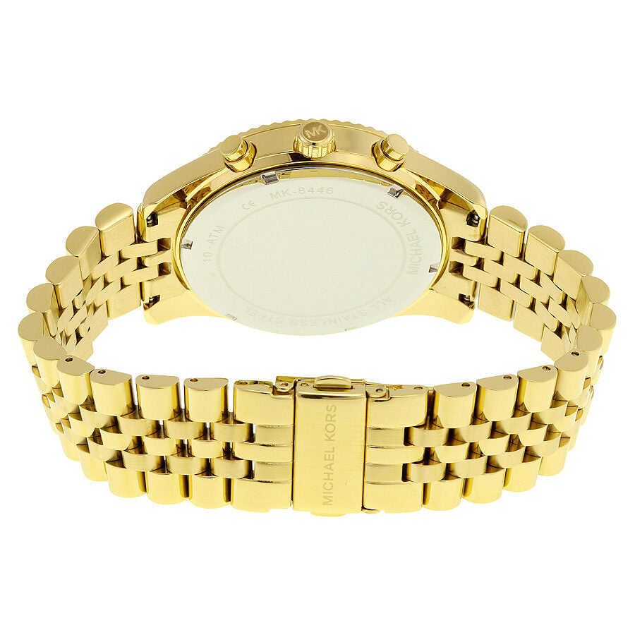 Michael Kors Lexington watch caseback and gold-tone bracelet detail