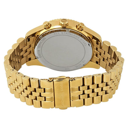 Michael Kors Lexington watch caseback showing gold-tone case back and bracelet