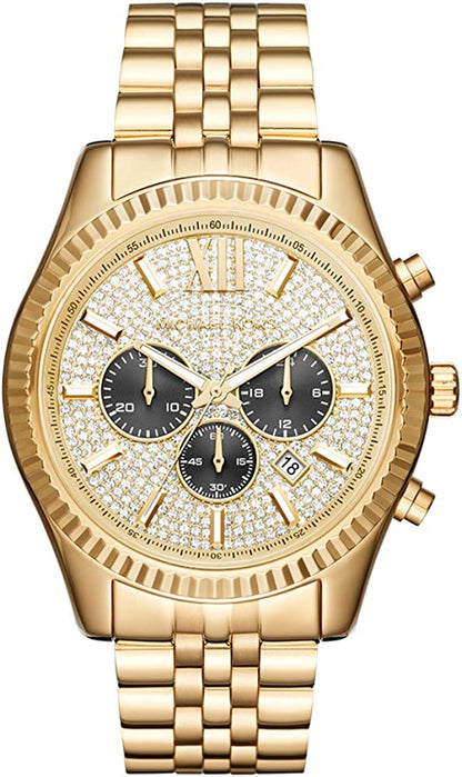 Michael Kors Lexington 44MM chronograph watch front view with crystal-studded dial