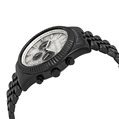 Angled view of Michael Kors Lexington chronograph watch showing case and black metal bracelet