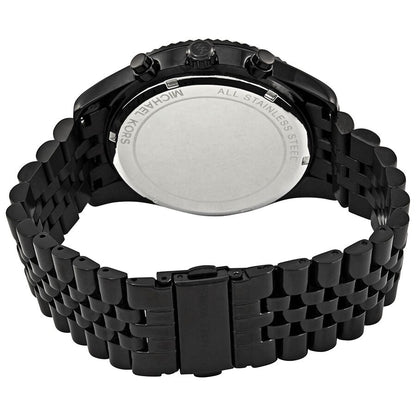 Case back view of Michael Kors Lexington chronograph watch with black stainless steel bracelet