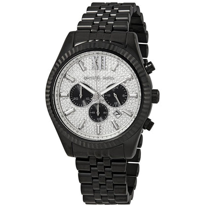 Michael Kors Lexington chronograph men's watch with silver pave dial and black chronograph subdials