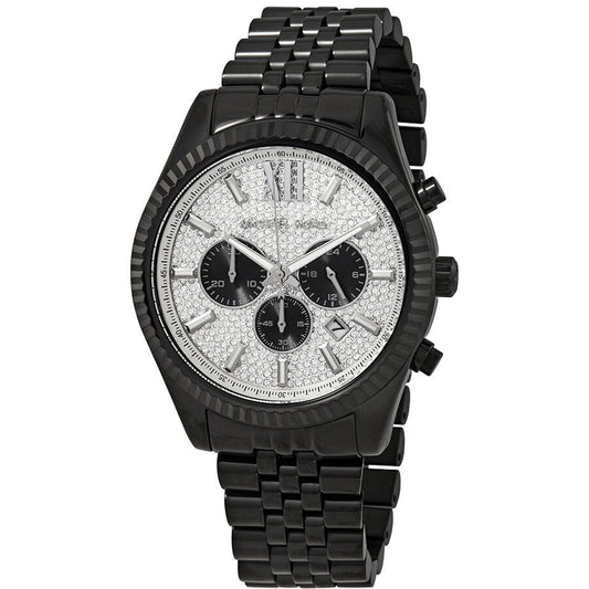 Michael Kors Lexington chronograph men's watch with silver pave dial and black chronograph subdials