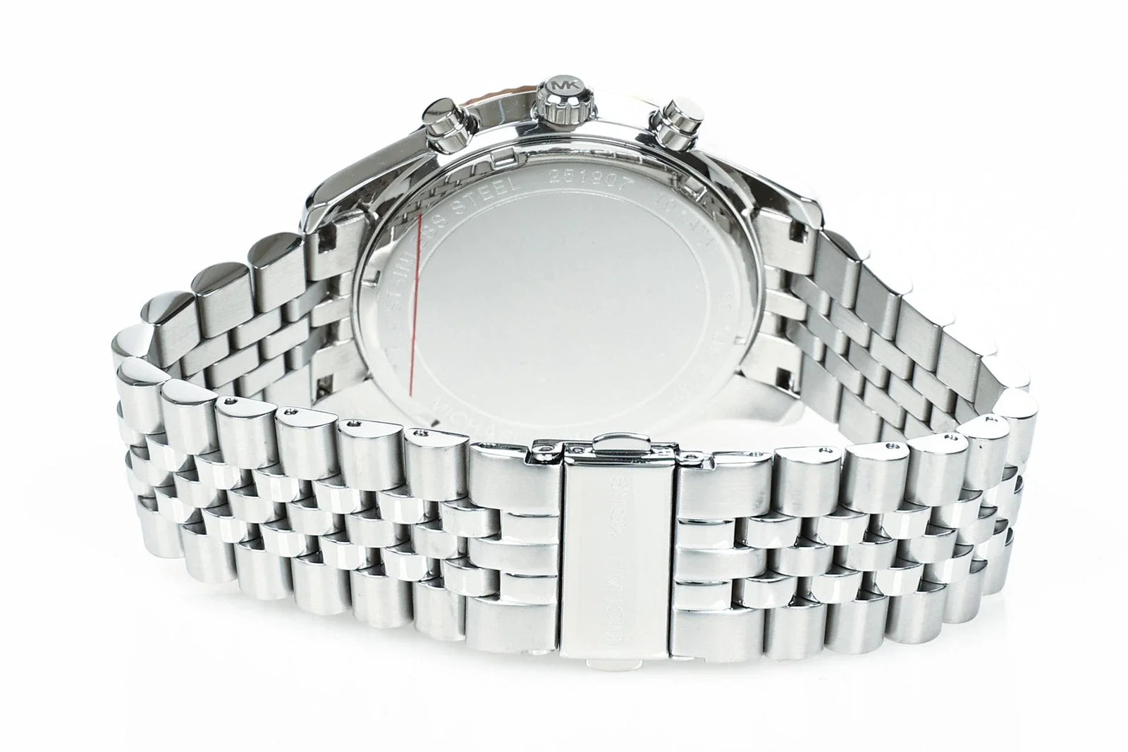 Back view of Michael Kors Lexington chronograph watch with stainless steel bracelet
