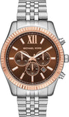 Michael Kors Lexington chronograph watch with amber dial, rose gold bezel, and silver steel bracelet