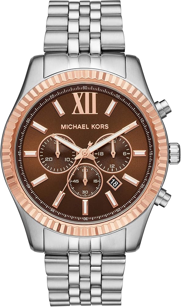 Michael Kors Lexington chronograph watch with amber dial, rose gold bezel, and silver steel bracelet