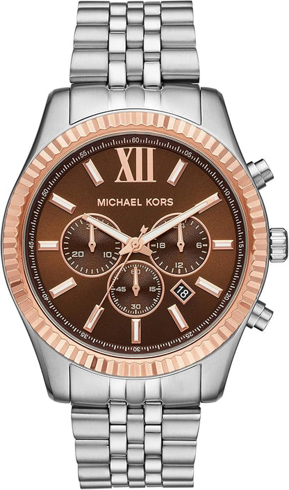 Michael Kors Lexington chronograph watch with amber dial, rose gold bezel, and silver steel bracelet