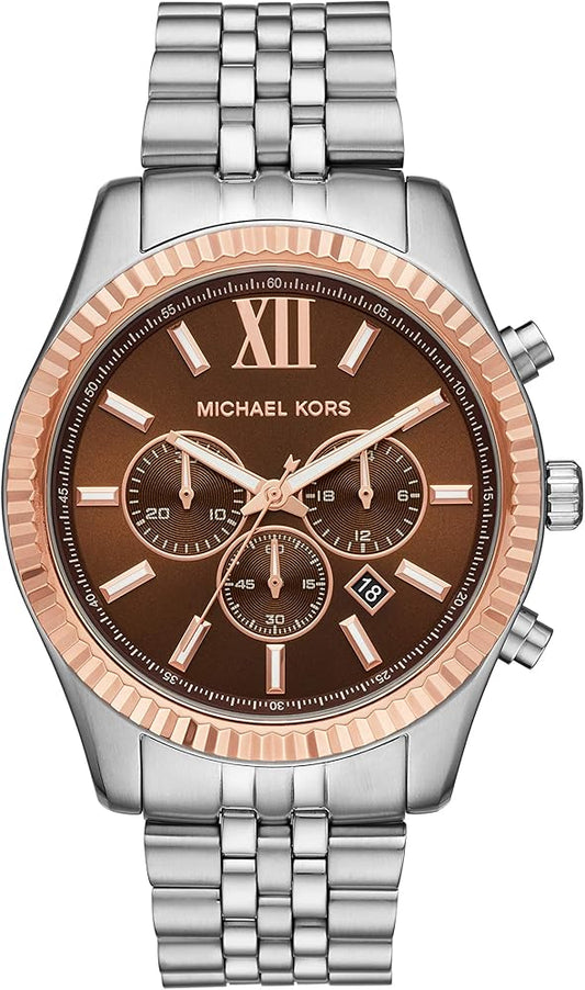 Michael Kors Lexington chronograph watch with amber dial, rose gold bezel, and silver steel bracelet