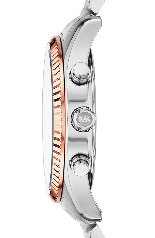 Side view of Michael Kors Lexington watch showing rose gold bezel and MK logo on case