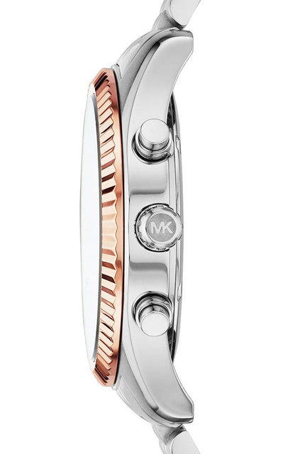 Side view of Michael Kors Lexington watch showing rose gold bezel and MK logo on case