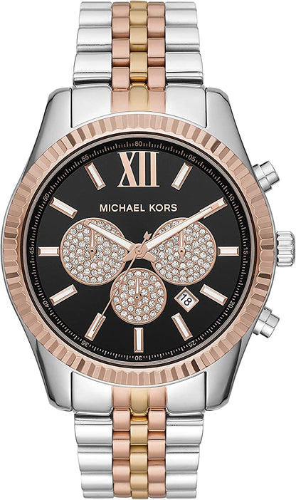 Michael Kors Lexington tri-tone men's watch with black dial and rose gold chronograph subdials