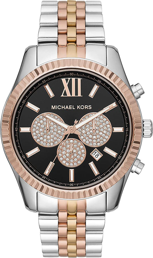 Michael Kors Lexington tri-tone men's watch with black dial and rose gold chronograph subdials