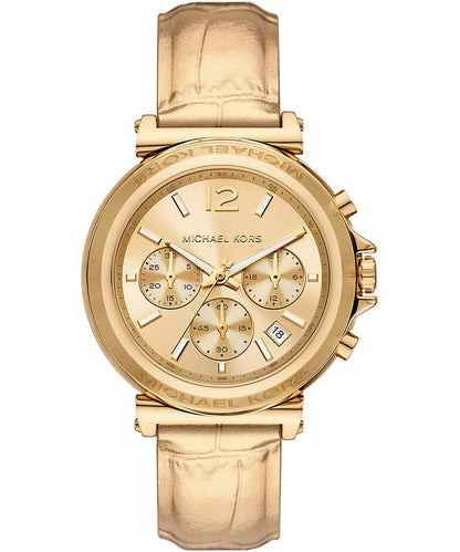 Michael Kors Maren gold chronograph watch with champagne dial and leather strap