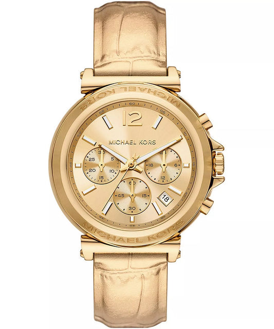 Michael Kors Maren gold chronograph watch with champagne dial and leather strap