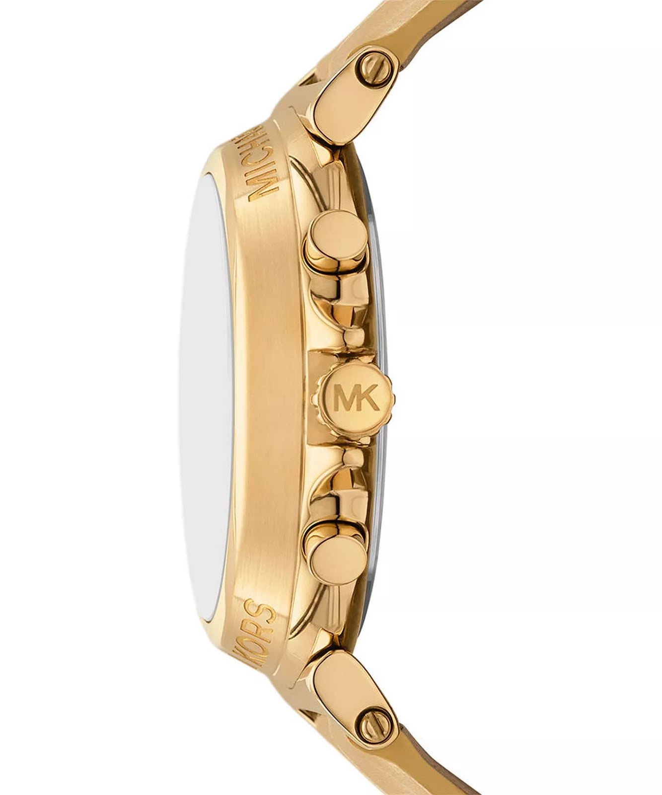 Michael Kors Maren watch side profile showing gold case and leather strap